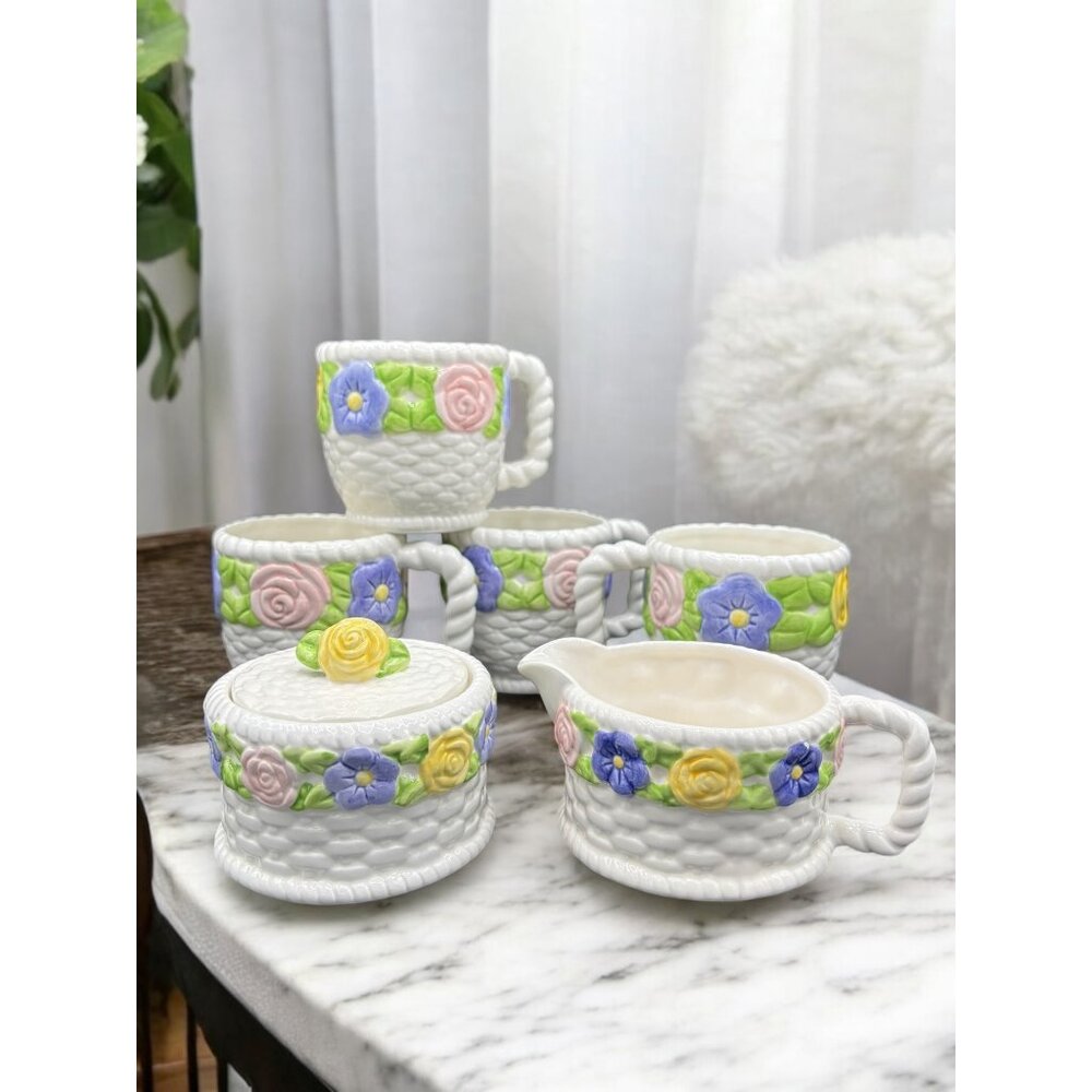 Vintage Hallmark Creamer, Sugar Bowl & 4 Mugs Basket Weave Floral Ceramic